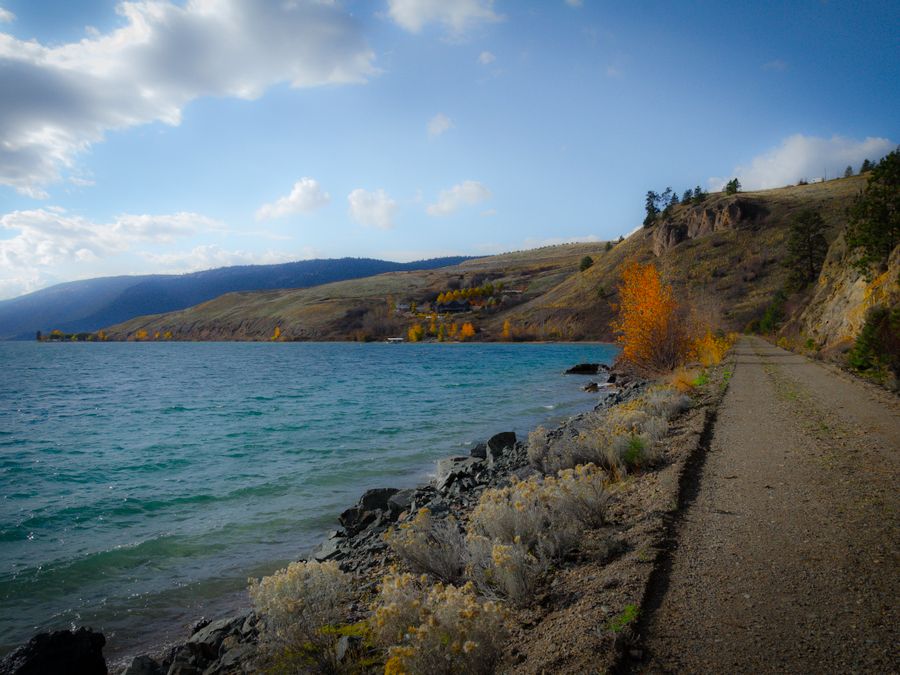 Lakeside road with autumn trees near Okanagan Lake beach access in Kelowna